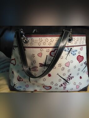 SOLD SOLD SOLD  Ladies Cream & Pink Dragonfly Tote Bag Black Trim ❤️ LEGS